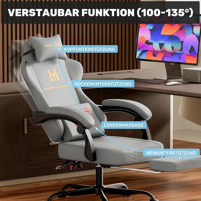 Геймерське крісло Ergonomisch з підлокітниками, підставкою для ніг, подушкою для попереку та голови, регульованою висотою, оббивка PU, сірий колір P-grey