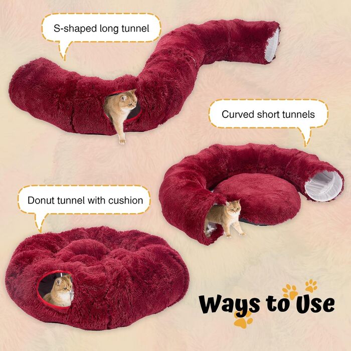 Cat Tunnel with Central Cushion, Soft Cat Toy Round Multi-Function Cat Bed - (Red)