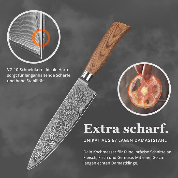 Ніж кухарський Wakoli EDIB Pro з дамаської сталі (серцевина VG10), 20 см - гострий та збалансований, з ручкою з паккавуду в подарунковій коробці - кухонний ніж з дамаску для професійних та аматорських кухарів, срібний