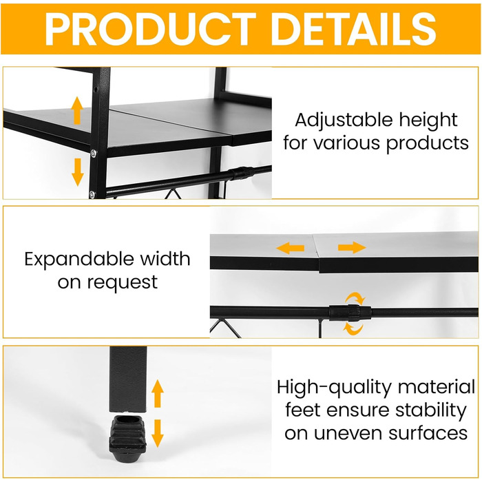Регульована полиця для мікрохвильової печі, 2-ярусна, розширювана полиця для кухні з вуглецевої сталі з 8 гачками, підставка для кухонного приладдя, стійка для мікрохвильової печі та органайзер для кухні