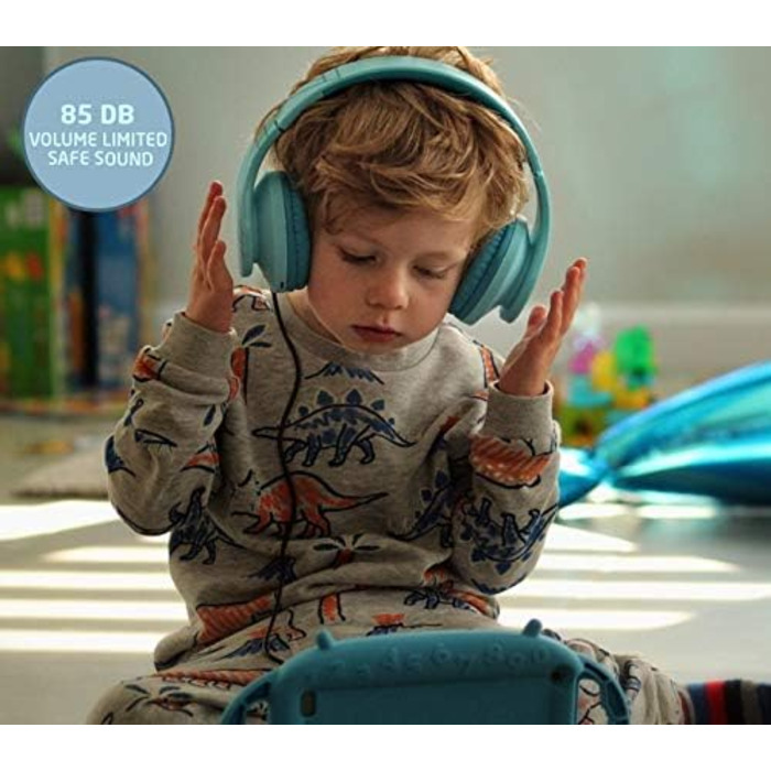 Дитячі навушники PowerLocus Bluetooth з обмежувачем гучності 85dB, складні, з чохлом, Over-Ear, бездротові та з проводами, з мікрофоном, Micro-SD, для телефону, ПК, планшета, блакитні