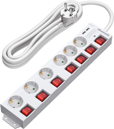 Мережевий фільтр DEWENWILS з USB, 6 розеток, індивідуальне вмикання, захист від перевантаження, дитячий замок, поворот на 90°, 5 м, білий