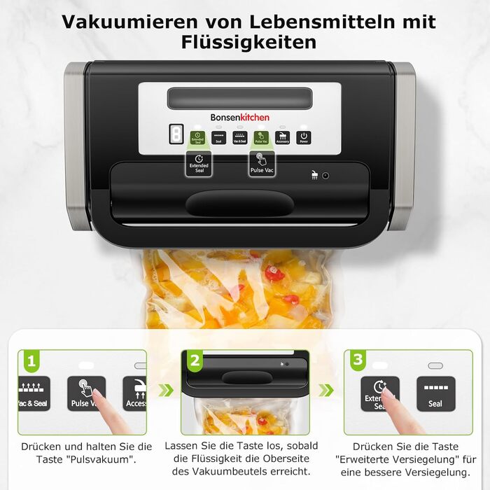 Вакуумний пакувальник Bonsenkitchen 15л/хв, з ручкою та вбудованим ножем, комплект з 2 рулонами, сертифікат екологічності