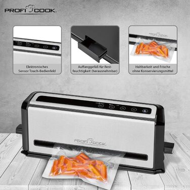 ProfiCook® Вакуумний пакувальник PC-VK 1080 | Sous Vide та вакуумне приготування | 10 пакетів, нержавіюча сталь, чорний