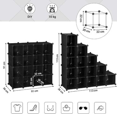 SONGMICS Shoe Rack, Shelving System, Cube Storage Rack, Set of 15 Cubes, DIY Shelf, Stackable, Made of PP Plastic, as a Wardrobe, for Bedroom, Office, 113 x 36 x 113 cm, Black LPC445B02