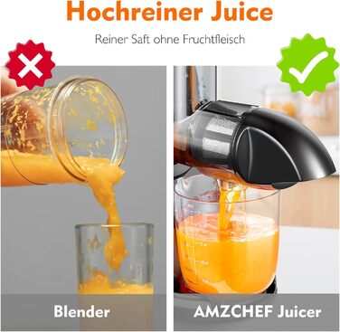 AMZCHEF Juicer for Vegetables and Fruits - Test Winner - Slow Juicer with Reverse-Mastication Function - Gentle Crushing Without Filtering - Electric Juice Press with Brush and 2 Cups - Cherry Red