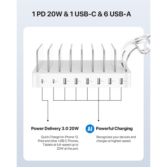 SooPii Зарядна станція USB-C 8 портів з PD 20W, кабель USB 8 шт., тримач для Apple Watch та AirPods - Біла