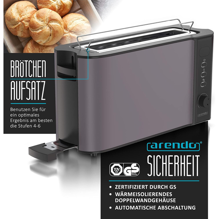 Arendo - 2-Slice Long Slot Toaster - Defrost Function - 1000W - Double-Walled Housing - Integrated Bun Tray - Browning Levels 1-6 - Display with Remaining Time Display D: Silvergrey