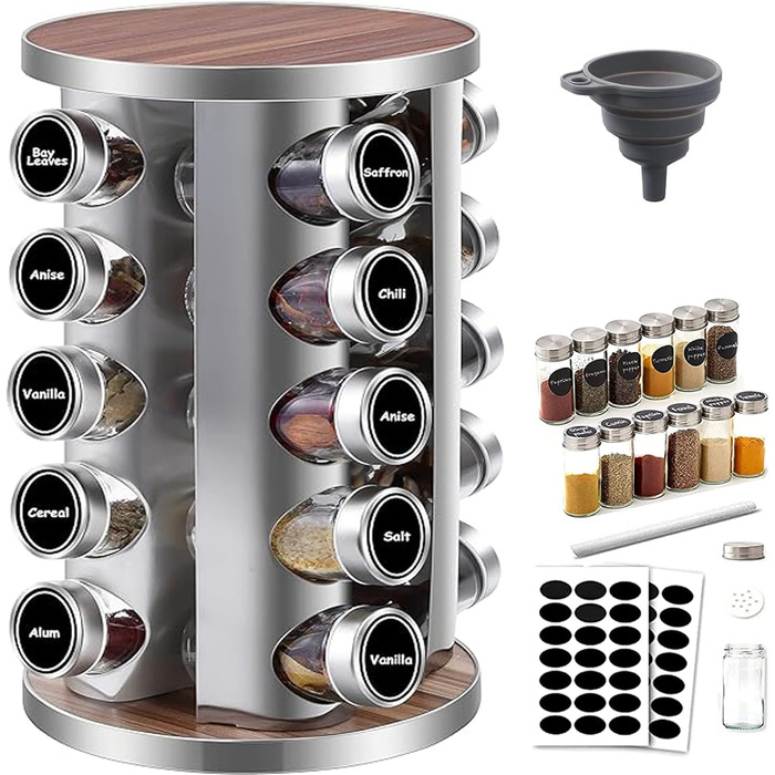 Spice Rack with 20 Spice Jars, 360° Rotatable, Stainless Steel Spice Carousel (430) with Sieve Lids, Standing Spice Rack - Includes Labels, Pen & Funnel - Wood-Look, Food-Safe, Dustproof