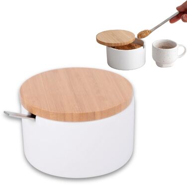Керамічна цукерниця з ложкою та кришкою з бамбука - цукерниця для дому та кухні, сучасна куляста форма, для цукру, сиру, спецій, 10 x 10 x 9 см (біла кругла)