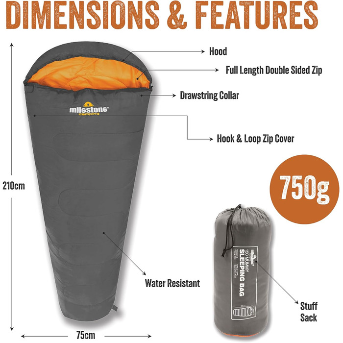Спальний мішок Milestone Camping Mumienschlaфack, сірий & оранжевий, для одного, зручний та портативний, з сумкою, водонепроникний, 2 сезони, для одного, односпальний