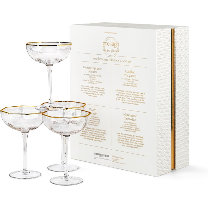 Набір з 4 склянок GLASSIQUE CADEAU Prestige для Еспресо Мартіні, дайкірі, коктейлів та шампанського. 150 мл, з золотим обідком, грановані, з довгим ніжкою.