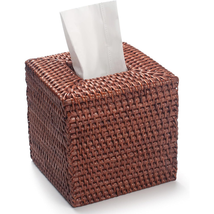 Square Rattan Cosmetic Tissue Boxes, Tissue Box Holder Dispenser for Home Office, 14.5 x 14.5 x 14.5 cm, Honey Brown