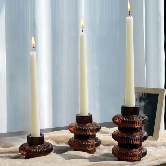 VOHO Candle Holders, Ribbed Glass, Stylish Boho Candle Holders, Stackable and Reversible, for Candle Stands and Votive Candles, e Candle Holders, Table Decor, Set of 18 (Brown)
