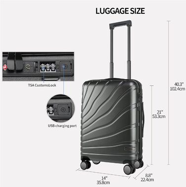 Валіза ручної поклажі Vankean з обертовими колесами та TSA-замком, розширювана, сірого кольору, 20 дюймів