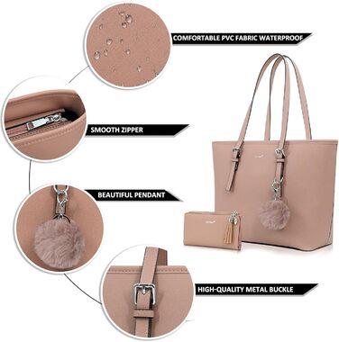 Сумка жіноча TANTOMI з гаманцем, велика, для офісу, школи, шопінгу, рожева з китицею та помпоном з штучного хутра