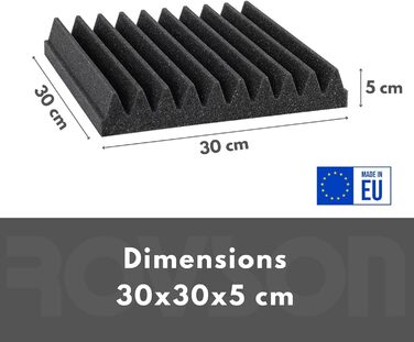 Акустичний поролон для звукоізоляції стін, 24 панелі 30x30x5 см, високої щільності, антрацитово-сірий, для студії звукозапису (з клеєм)