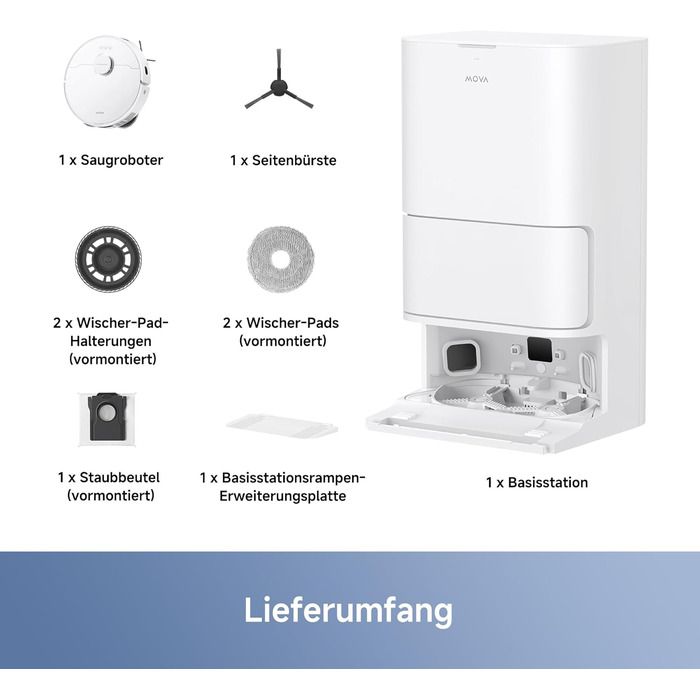 Робот-пилосос Mova E30 Ultra з функцією миття, автоматичним спустошенням, потужністю 19000 Па, MaxiReach-мопом, антизаплутувальною щіткою та вбудованим баком 80 мл. Автономна станція для 75 днів прибирання