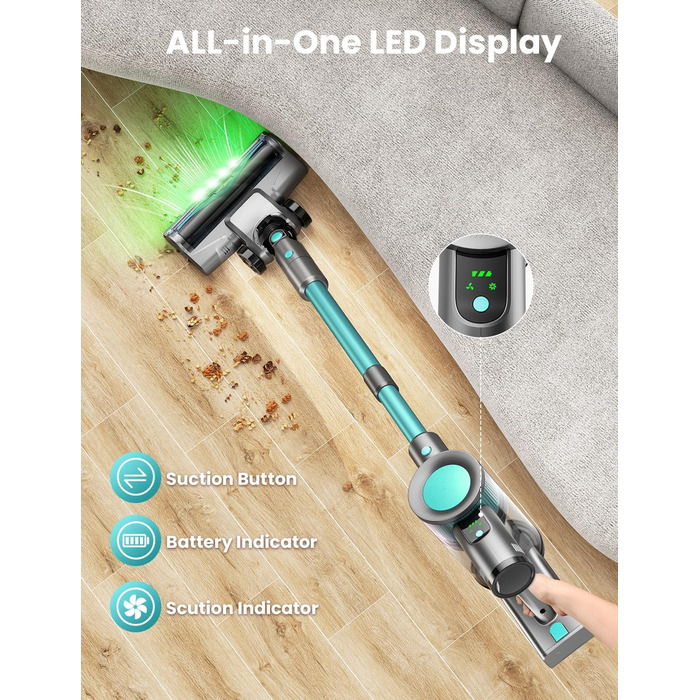 Бездротовий пилосос Dzaki 45000Pa з дисплеєм, антизаплутувальною насадкою та тривалою роботою для твердих поверхонь, килимів та шерсті тварин (блакитний)