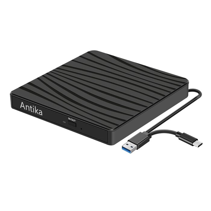 Зовнішній DVD-накопичувач Antika USB 3.0 Type-C, портативний CD/DVD бренер для ноутбука та ПК (Windows, macOS), чорний