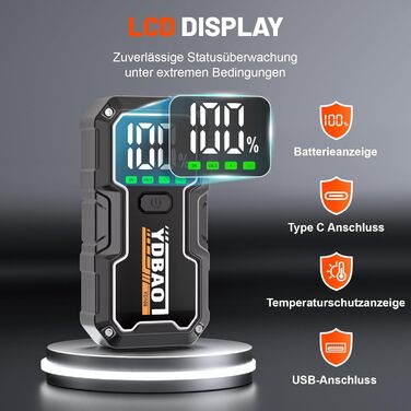 Powerbank для автомобіля 8000A, пусковий пристрій для акумулятора 12V з LED-дисплеєм та клемами, бустер для бензину/дизеля (до 10л), чорний