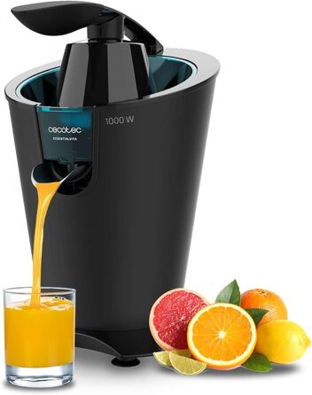 Електрична цитрусова преса Cecotec EssentialVita PowerFresh 1000 Black, 1000 Вт, нержавіюча сталь, 6 титанових лез, безперервна екстракція, захист від бризок, деталі придатні для миття в посудомийній машині
