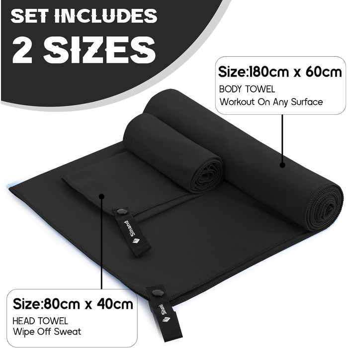 Набір рушників з мікрофібри 2 шт. | 180x60 см великий рушник для душу + 80x40 см маленький рушник для обличчя | Швидковисихаючі рушники з мікрофібри, спортивний рушник для фітнесу, пляжу, спортзалу (Чорний)