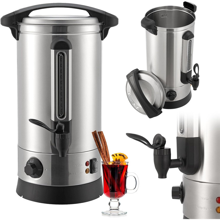 Juskys Glühwein Warmer Teramo 10 Liter 1500W with Tap, Thermostat & Overheating Protection, 30-110°C, Stainless Steel, Electric, Hot Beverage Dispenser