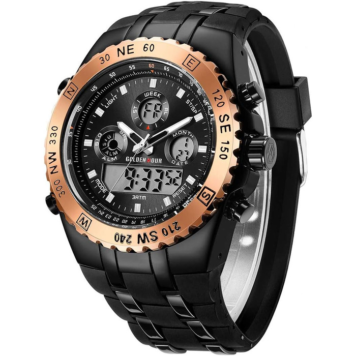 Чоловічий військовий годинник: цифрові та аналогові функції, водонепроникність, дата, будильник, світіння, секундомір. Великий годинник для чоловіків (Rose Gold B)