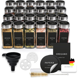 Square Spice Jars [24 x 120 ml] Spice Containers with 301 Labels, Stainless Steel Lids | Spice Jar Set | Spice Storage, Spice Glass, Spice Organizer, Shaker Insert