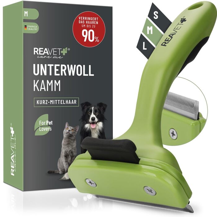 Гребінець для вичісування підшерстка ReaVET для собак та котів з короткою шерстю, середніх порід. Видаляє підшерсток, доглядає за верхнім шаром шерсті, з функцією самоочищення. Ідеально для сезонного линяння.