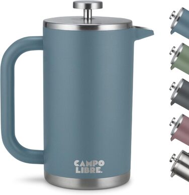 Campo Libre.® Giorgio. French Press Coffee Maker made of double-walled stainless steel 1l | plastic-free coffee press with thermal function incl. replacement filter | Coffee maker made of 100% recycled stainless steel 1000ml Neptune Blue