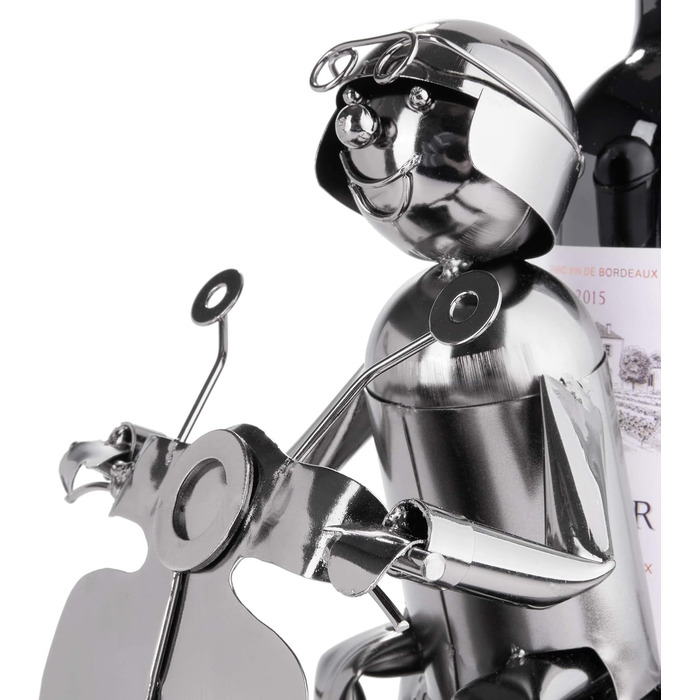 BRUBAKER Wine Bottle Holder Scooter Rider Silver - Metal Sculpture Bottle Stand - 27 cm Metal Figure Wine Gift for Scooter Fans - with Greeting Card