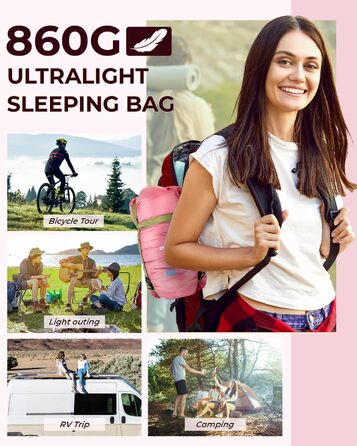 Ohuhu Lightweight Sleeping Bag - Compact & Ultralight (900g) Summer Sleeping Bag for Camping, Travel, Festivals (Pink)