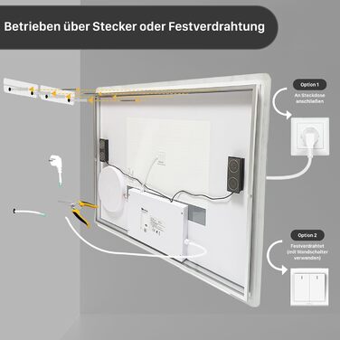 Дзеркало для ванної кімнати LUVODI з підсвічуванням 100x70 см: годинник, температура, дата, проти запотівання, регулювання яскравості, 3 кольори світла, функція пам'яті, LED, водонепроникність, збільшення 3x, Bluetooth