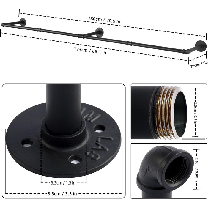 Yawinhe Industrial Pipe Clothes Rails, 180cm Clothes Rack for Wall, Space-Saving Wall Shelf Kitchen Shelf with 3 Bases, for Business, Black, 1-Pack, YMG004