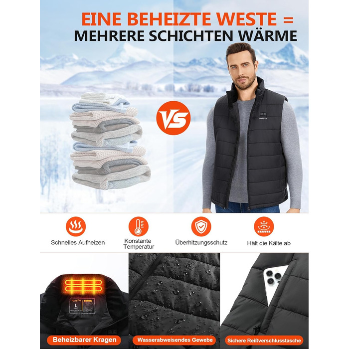 Обогреваемый жилет для мужчин с PowerBank 18400mAh, жилет з 8 зонами обігріву, чорний, L