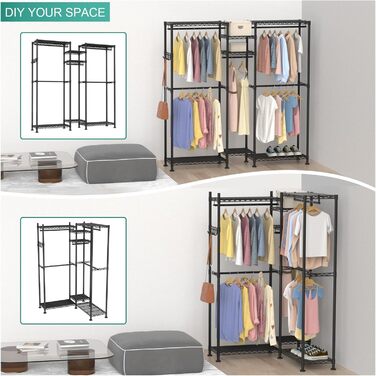 Clothes Rack, Clothes Rack, 4-Tier, Adjustable Closet Organizer System with Drawer | Double Rods | Side Hooks | Holds 445 lbs (L-shaped Clothes Rack for Corners)