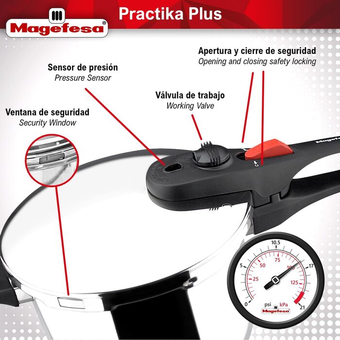 Скороварка Magefesa Practika Plus 7.5 л з кошиком і скляною кришкою, нержавіюча сталь 18/10, для індукції, з датчиком тиску
