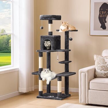 Кігтеточка для котів MSmask велика, багатоповерхова з платформами, печерами та гамаком, обтягнута сизалем (темно-сіра)