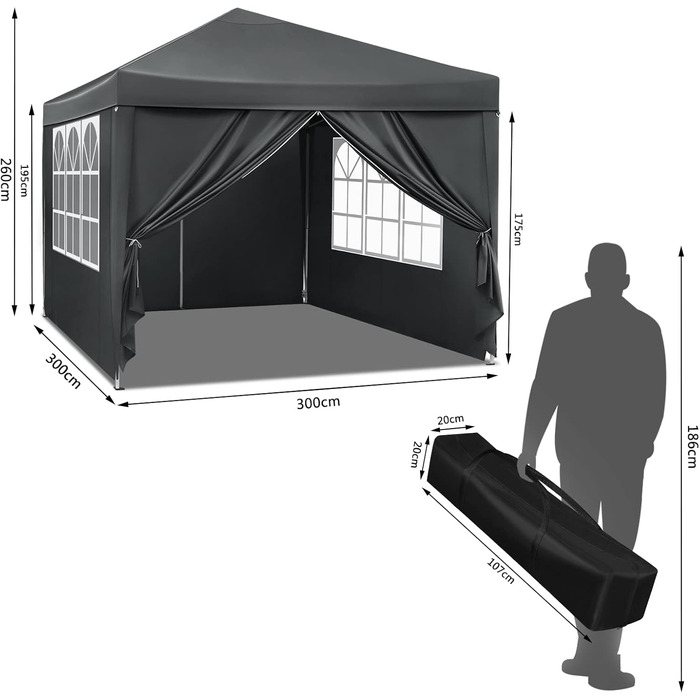 WOLTU Pop-Up Pavilion, Waterproof Folding Pavilion, Sun Shade Event Pavilion with Side Walls, Garden Pavilion for Patio, Camping, Festival, Pagoda Tent from Oxford Fabric and Metal Frame, 3 x 3 m (Anthracite)