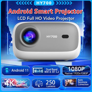 LQWELL HY300 PRO Mini Beamer: портативний проєктор 4K/1080p з Android 11, WiFi 6, Bluetooth 5.0, Airplay/Miracast, для Android/iPhone/PC/Mac/Switch