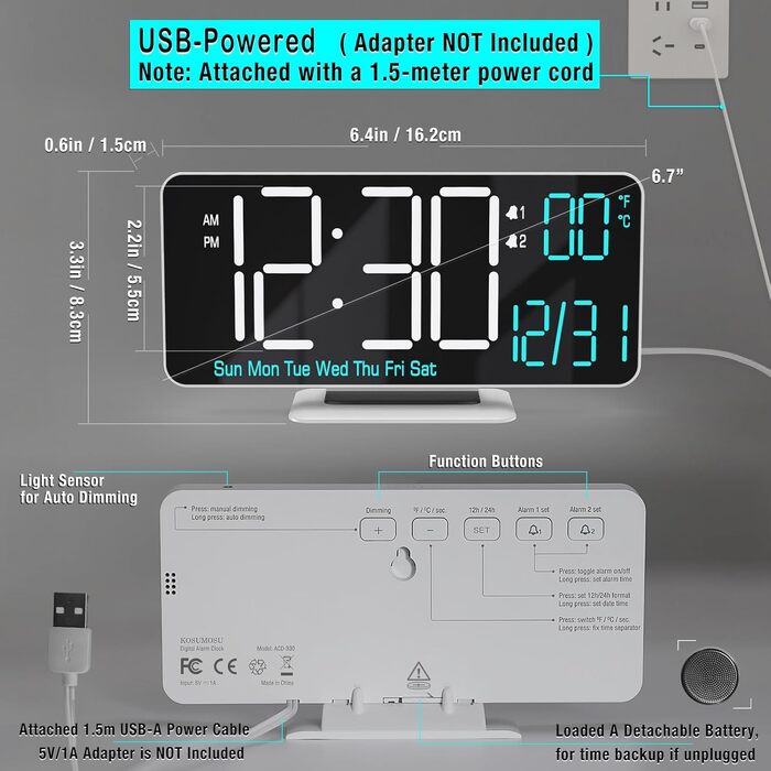 Цифровий LED годинник-будильник KOSUMOSU 6.7