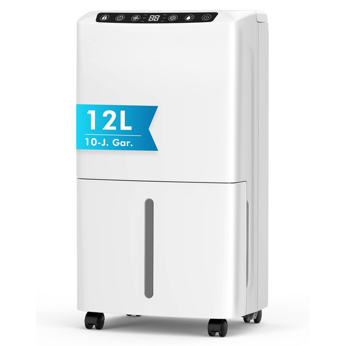 Електричний осушувач повітря 12л, тихий осушувач для дому з функцією сушіння білизни, Smart-режим, автоматичне регулювання вологості, 1м шланг, 24H таймер, для квартири до 120 м², гарантія 10 років