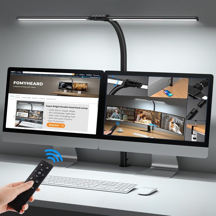 LED настільна лампа Doppelkopf з регулюванням яскравості, 24W, 80см, з кріпленням, захист для очей, денне світло, пульт дистанційного керування, 10 кольорів, 10 рівнів яскравості, USB, для дому та офісу