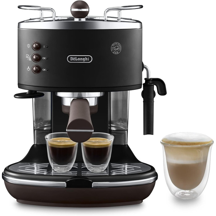 Еспресо-машина De'Longhi Icona Vintage ECOV 311.BG – чорна, з ручним капучинатором, для кави та ESE Pads, 1.4 л