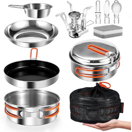 Набір посуду для кемпінгу Odoland з нержавіючої сталі 10 предметів: каструля, сковорода, тарілки, миски, виделки, ножі, ложки. Ідеально для пікніків, походів та кемпінгу.