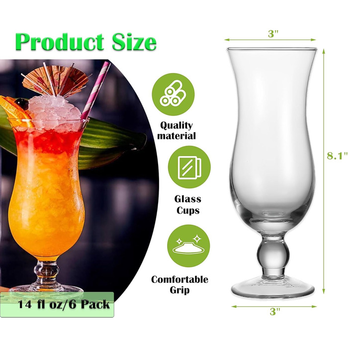 Склянки для коктейлів Nexboraque Hurricane-Glas, 400 мл, 6 шт., Піна Колада, прозорі скляні келихи для води, соків, напоїв, пива