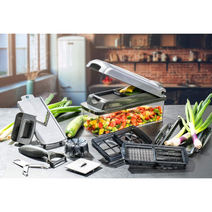 Набір для нарізки овочів Genius Nicer Dicer Plus (12 частин) - нарізник для овочів, цибулі, картоплі фрі, фруктів, універсальний нарізник, подрібнювач, шатківниця, для зберігання, срібний/чорний