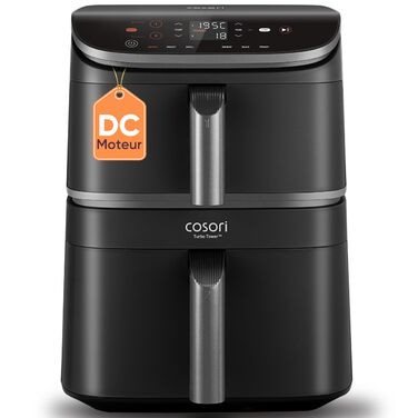 Аерофритюрниця COSORI Turbo Tower 10.8 л з двома ящиками, чорна - фритюрниця без олії, 6 в 1, компактна, з рецептами